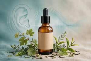 Audifort for tinnitus review 2026 — hearing support dropper bottle with botanical ingredients and fading soundwaves around an ear silhouette