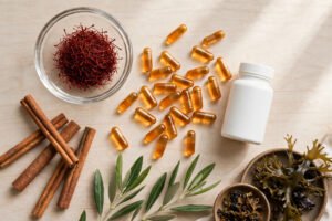 Phytomem One ingredients breakdown: saffron flowers, berberine capsules, cinnamon sticks and brain-support botanicals