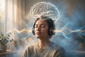 The Brain Song for brain fog 2026 — person with headphones, glowing brain silhouette and soundwave patterns clearing away mental fog